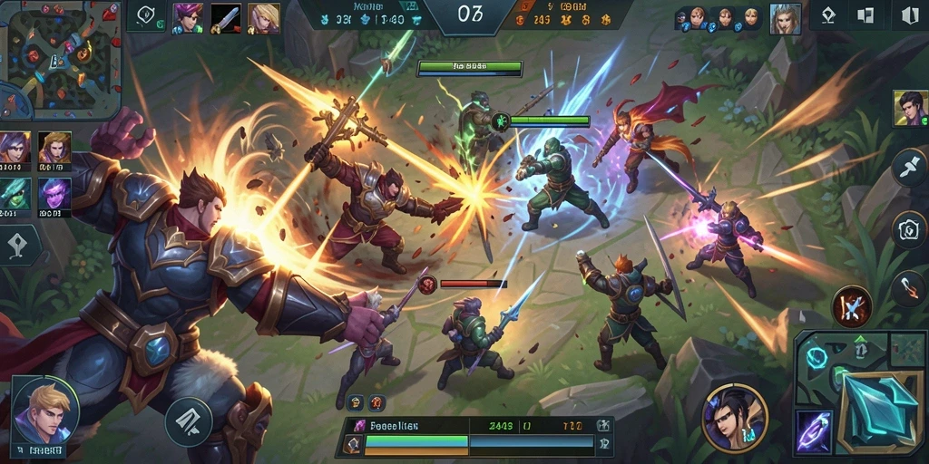 Gambaran mendebarkan dari pertarungan dalam 3446 di arena MOBA.